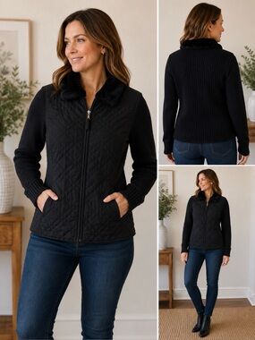 EFFECI Black Quilted Knit Sweater Jacket Faux Fur Collar Zip Front Medium